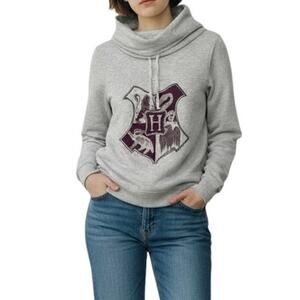 Hot Topic Women Harry Potter Sweatshirt M Cream Gray Cowl Neck Long Sleeve Crest